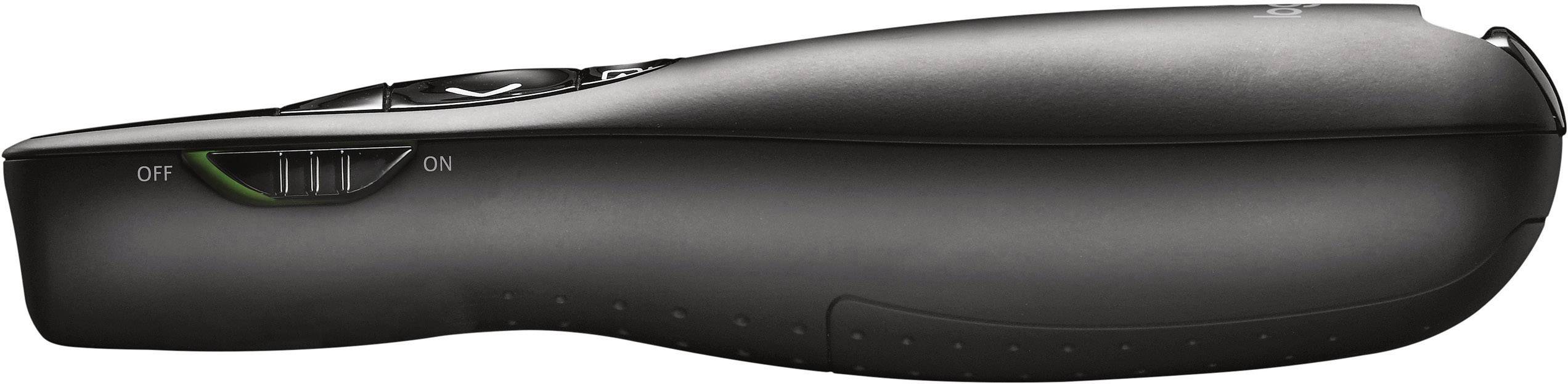 A black presentation device photographed from the side with an on/off switch, from which a green light strip emanates.