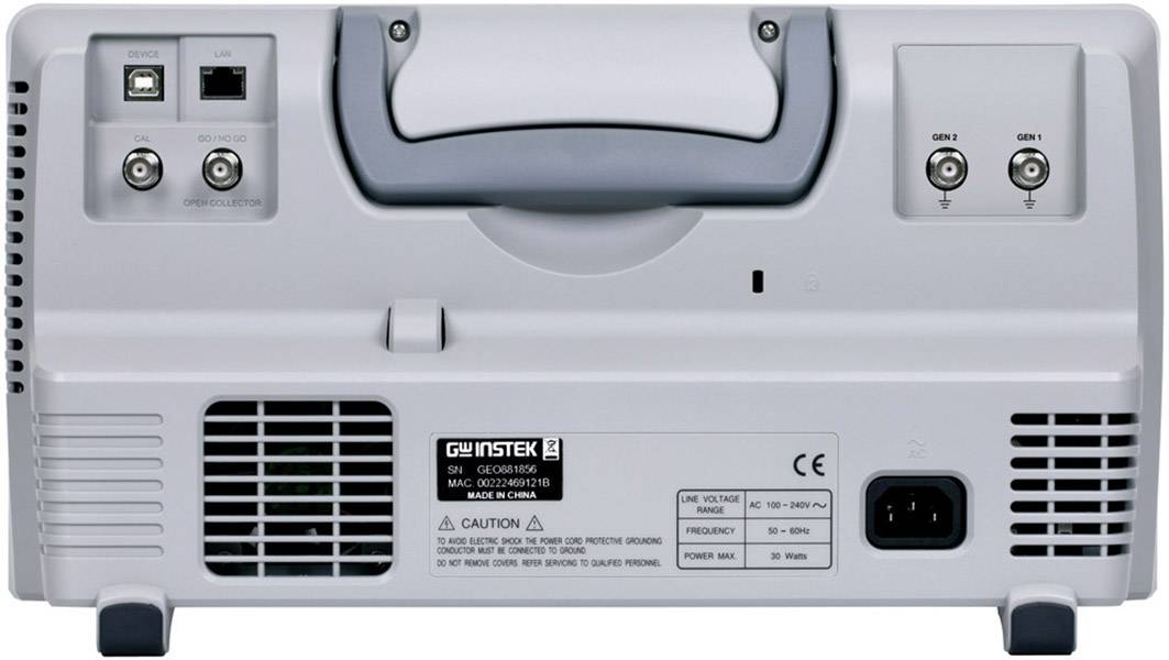 'Rear view of an oscilloscope-like device with connections and carrying handle. Contains two input sockets and power supply connection.'