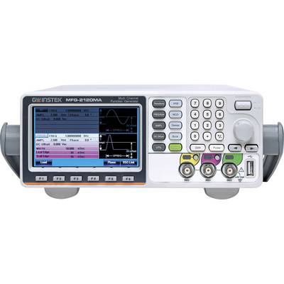 Measuring device with screen displaying waveform. Buttons and connectors on the right-hand side. Signal generator equipment used in laboratories.