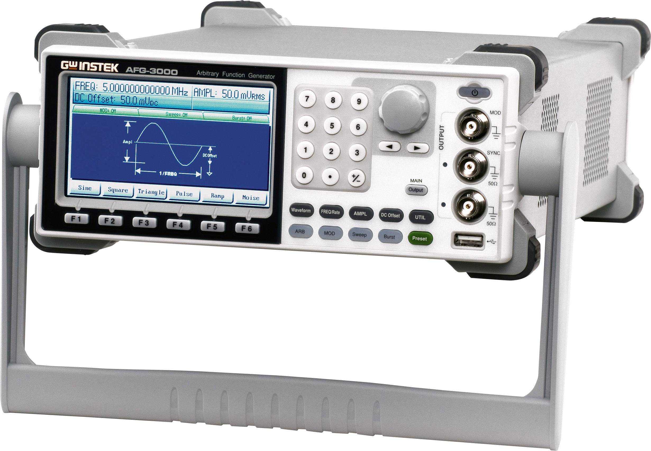 A function generator with a display showing a sine wave and parameters such as frequency 50 MHz and amplitude 50 mV.