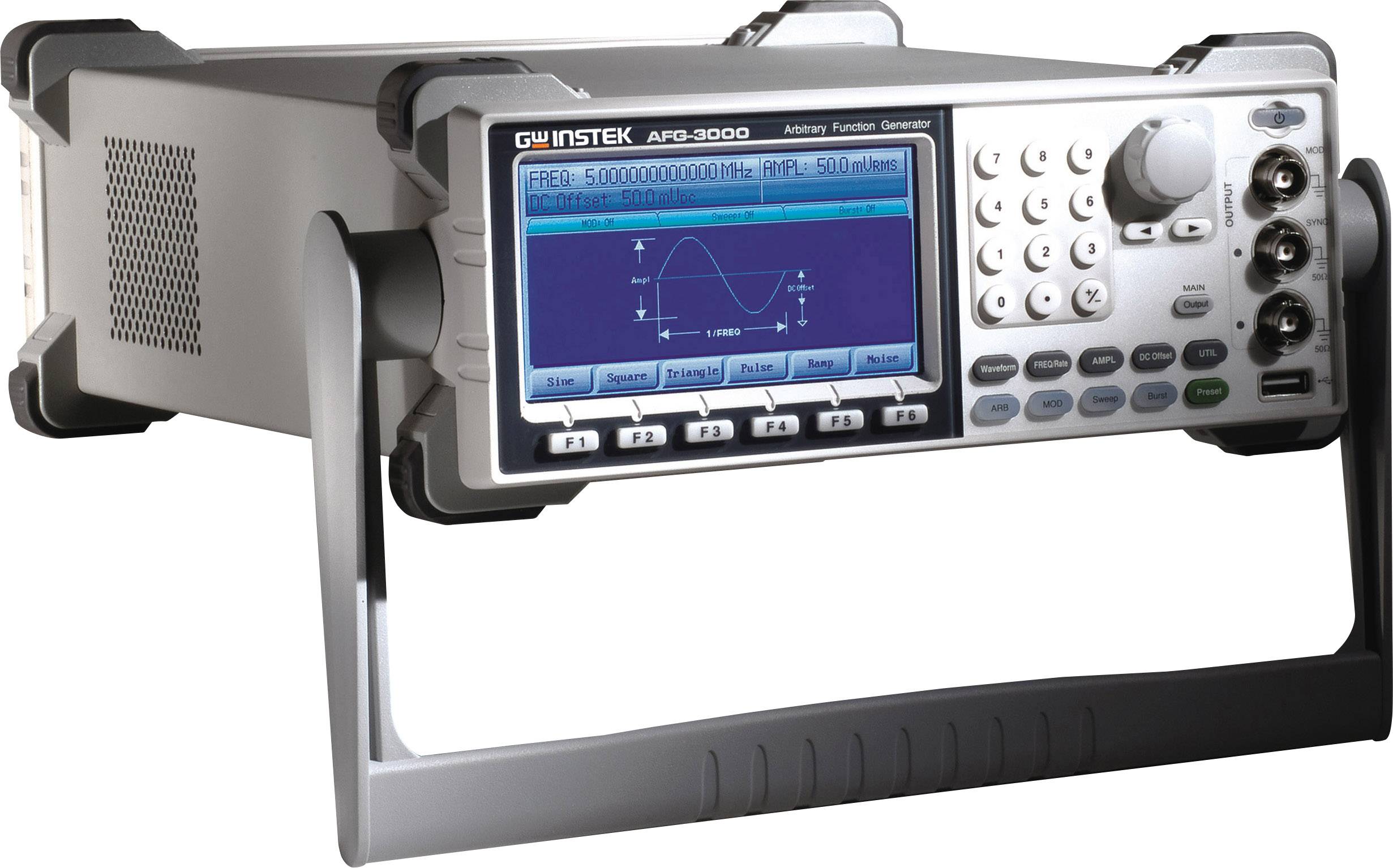A function generator displays a sine wave on the screen, along with frequency and amplitude settings on a control panel.
