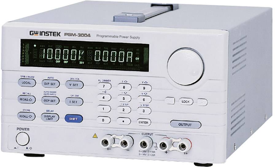 A programmable power supply with digital display, controls and buttons for voltage and current. Brand 'GW Instek', Model 'PSM-3004'.