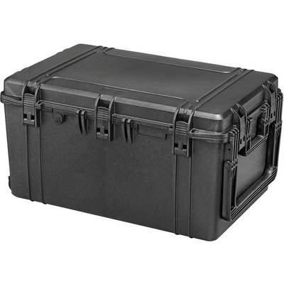 A large, black, robust transport case with reinforced edges and sturdy locks, suitable for secure transportation.