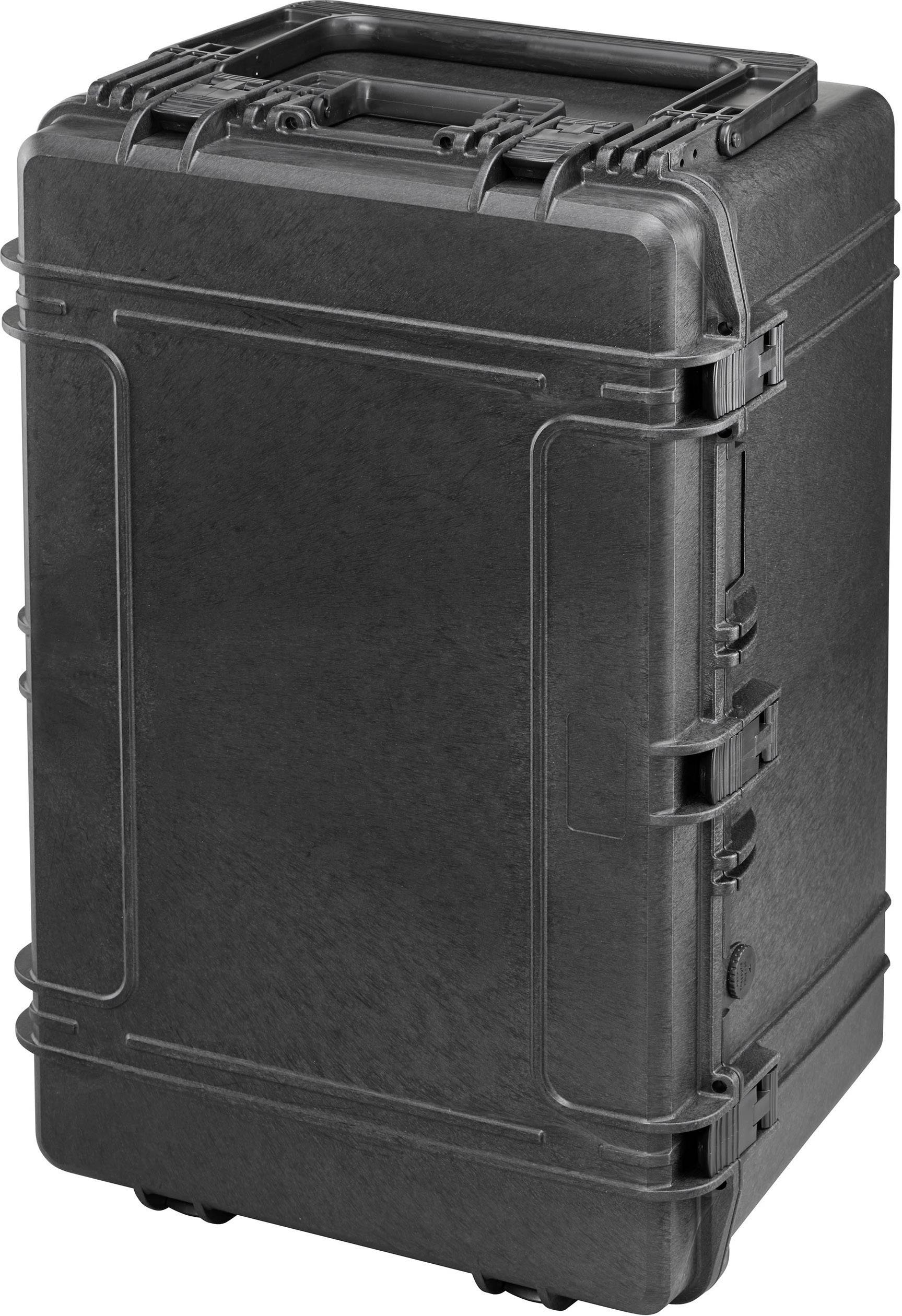A large, black, robust protective case with carrying handle and locks. Ideal for securely transporting delicate equipment.
