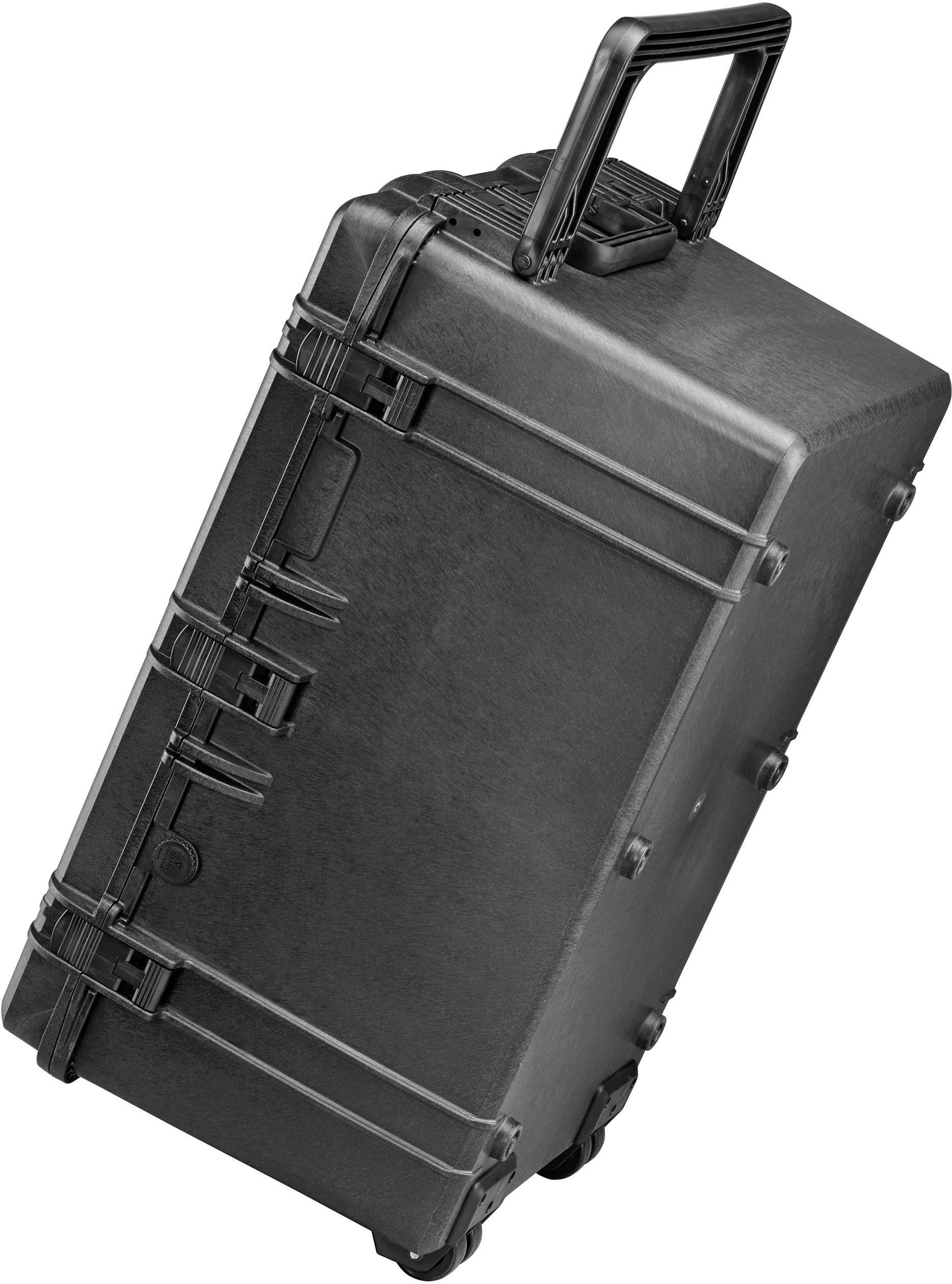 A black, robust travel trolley suitcase with wheels, standing upright, shows a practical transport solution for travelling or storage.