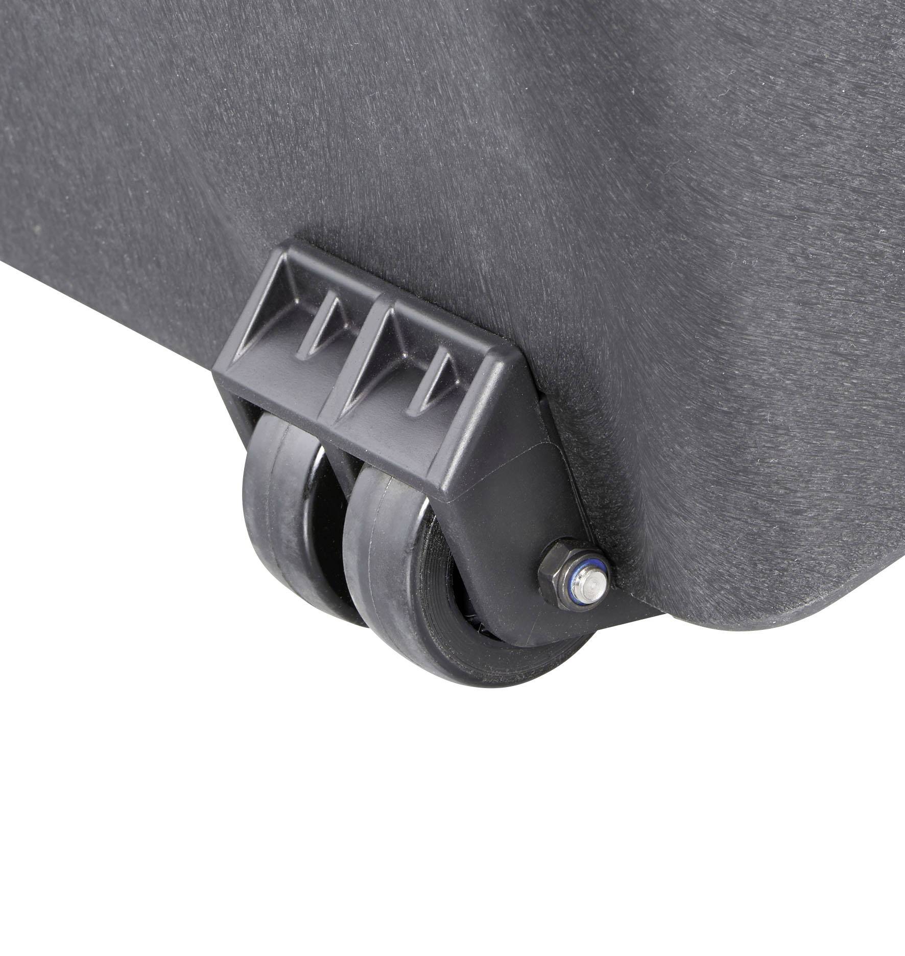 Close-up of two black rollers on a grey casing, likely part of a portable case or equipment.