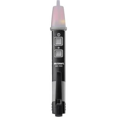 'VOLTCRAFT MS-500 voltage tester' in close-up with two buttons and illuminated tip, suitable for checking electrical voltages.