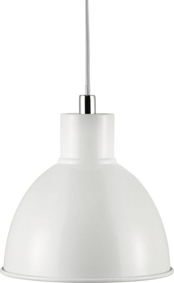 A white, suspended metal lamp with a simple, modern design and a silver cable.