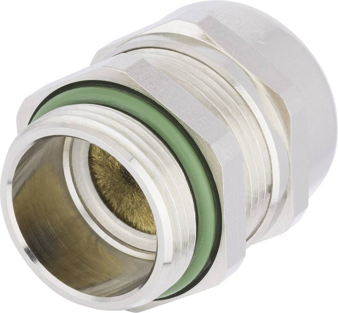 Metallic cable gland with a green sealing insert, used for secure cable fastening and protection in electrical applications.