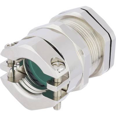 Metal cable gland with protruding screws and a green sealing insert, for connecting cables.