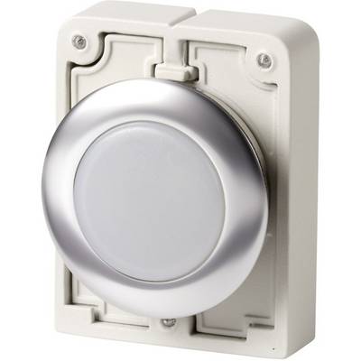 A silver, round push button on a rectangular white casing, possibly a switch for technical applications.