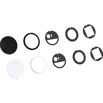 Various round stencils and filters with different patterns and cut-outs on a white background.