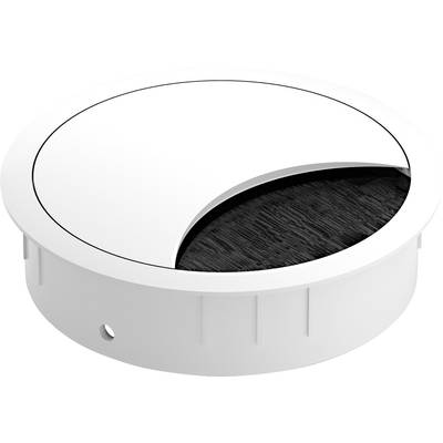 White cable grommet with a black interior, round in shape, partially open. Primarily used for desks or worktops.