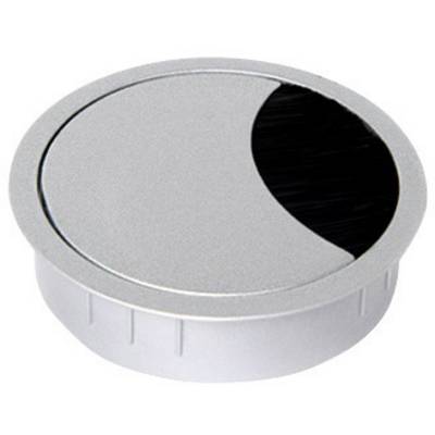 Round, silver cable grommet with black brush insert for neat cable routing on a table or workspace.