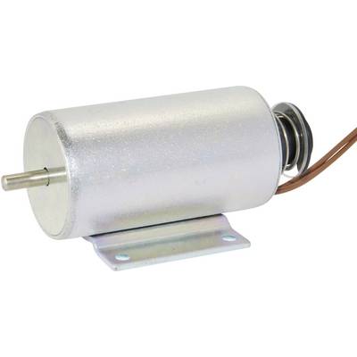 A cylindrical electromagnet with a metal casing, a protruding axis on the left, two cables on the right. It is used for magnetic attraction in technical applications.