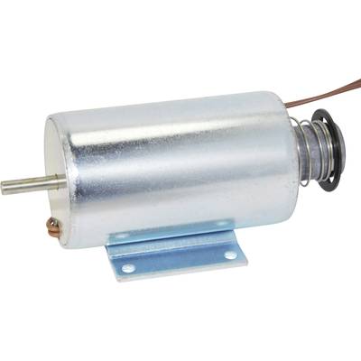 A cylindrical electromagnet with a metal casing, wire connection, and movable metal pin, against a white background.