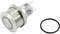 Metal push button with threaded screw and three electrical connections, with a sealing ring beside it.