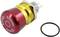 Red emergency stop switch with yellow base, marked with white arrows. Separate black seal visible to the right.