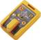 A yellow testing device with a voltage display. It has connections and switches for safe electrical testing.