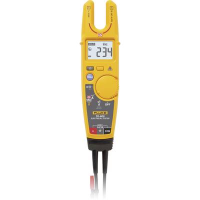 A yellow electrical measuring device displays '234 VAC'. It has black and red measurement leads for voltage measurement.