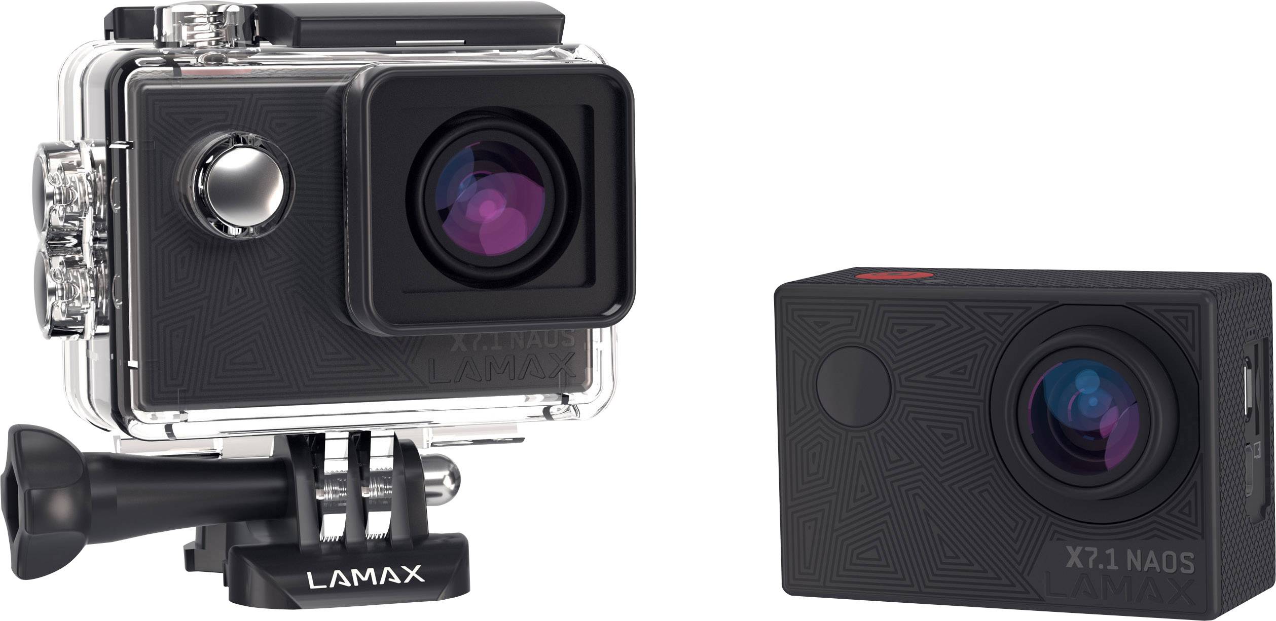 Two action cameras, one in a waterproof housing, the other without. Both are black with prominent lenses.