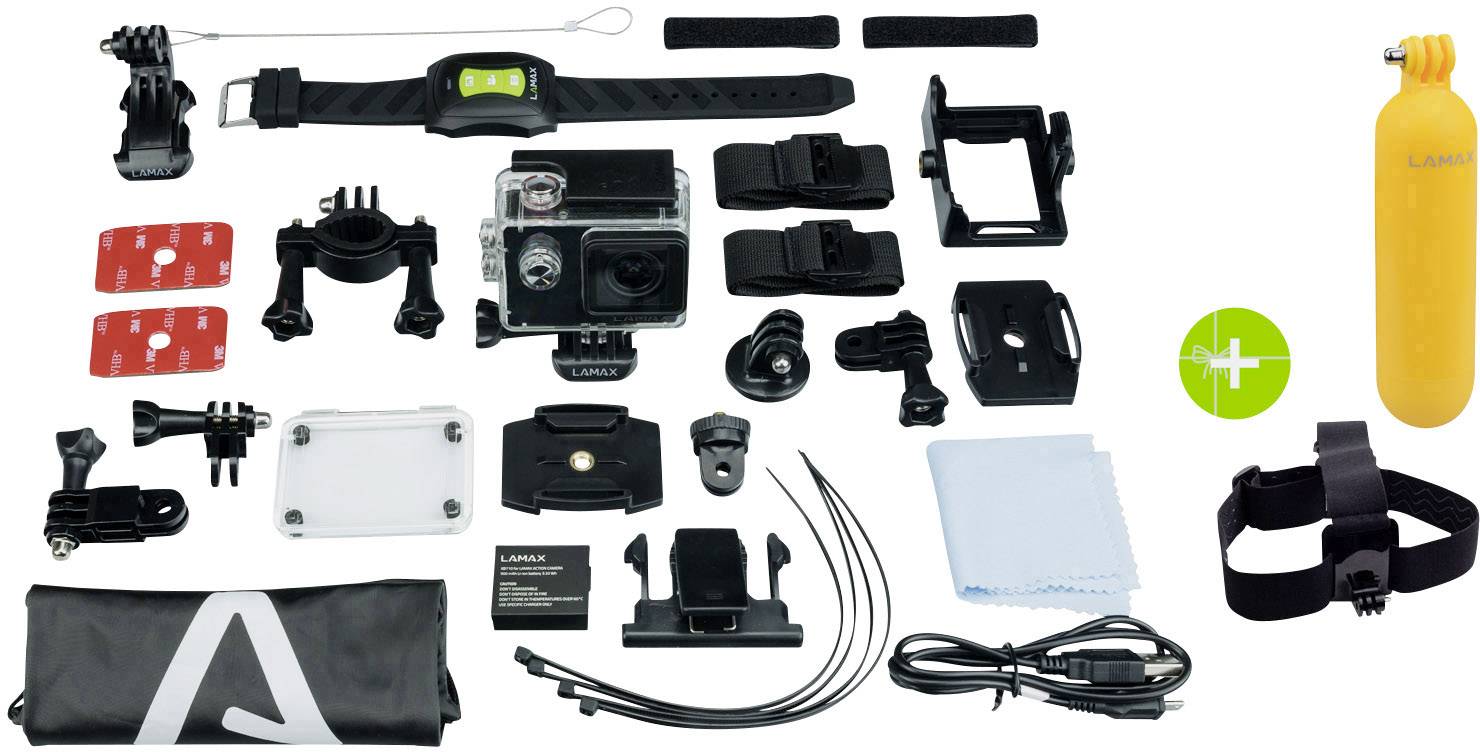 Accessory Set for Action Camera: Mounts, Float, Wrist Strap, Cable Ties, Screws, Spare Parts.