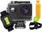 An action camera with accessories: waterproof housing, remote control, orange floating grip, and head mount.