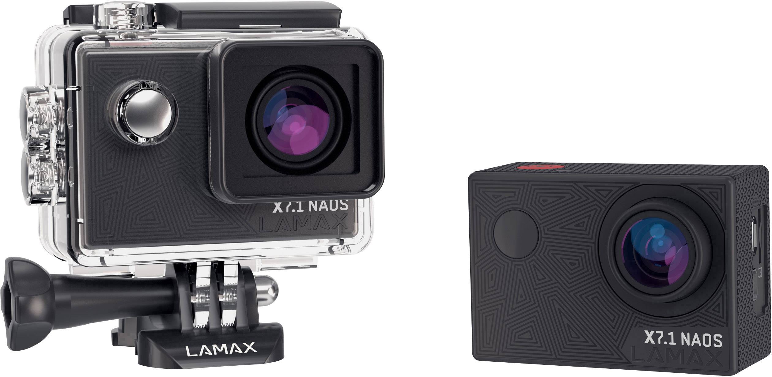 Two action cameras, one in a waterproof housing, both with the label 'X7.1 NAOS'. Mounted on a tripod stand on the left.