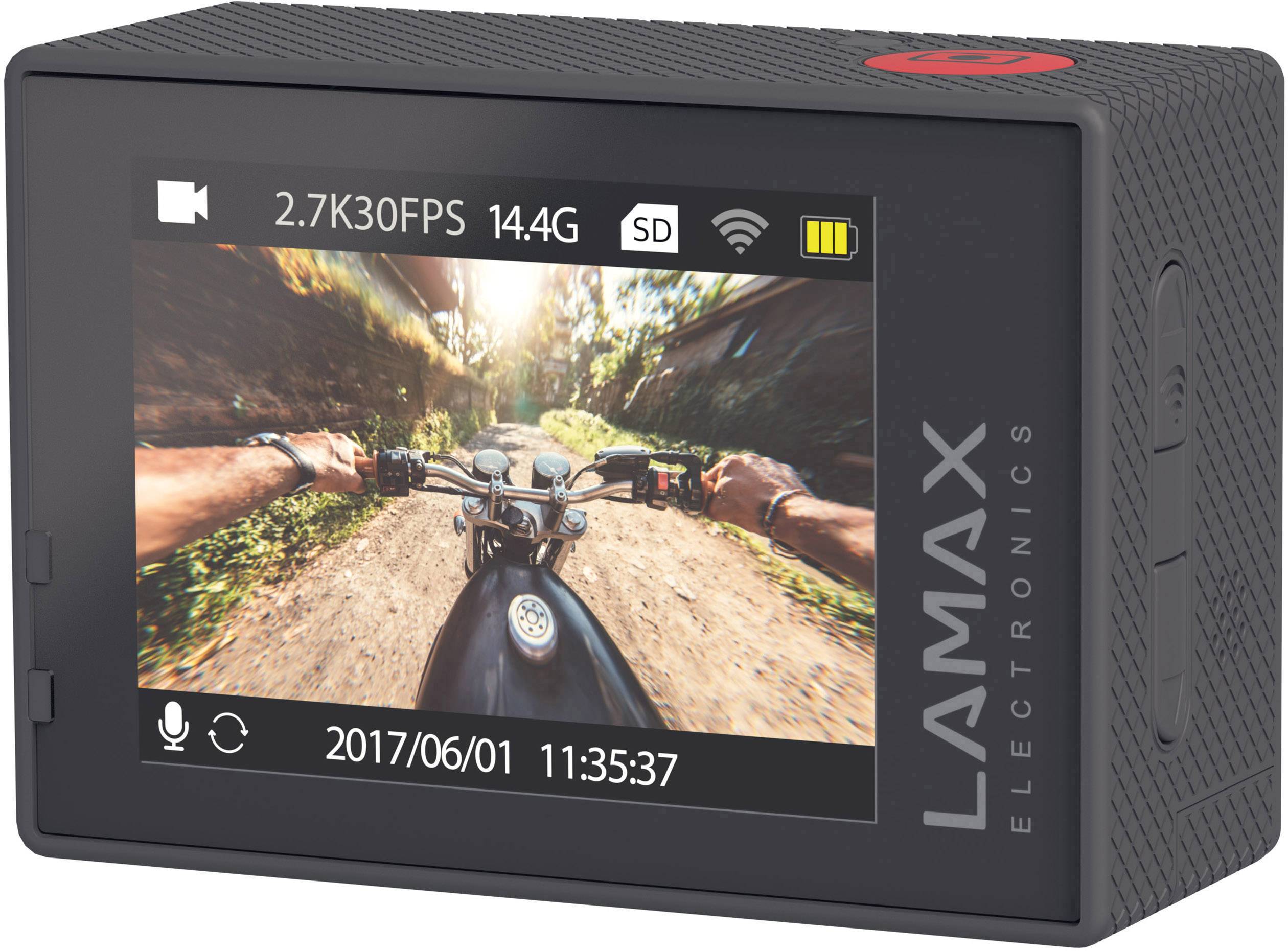 Back of an action camera showing a screen displaying a motorcyclist in motion. At the top of the display, settings such as '2.7K30FPS' and battery status are visible.