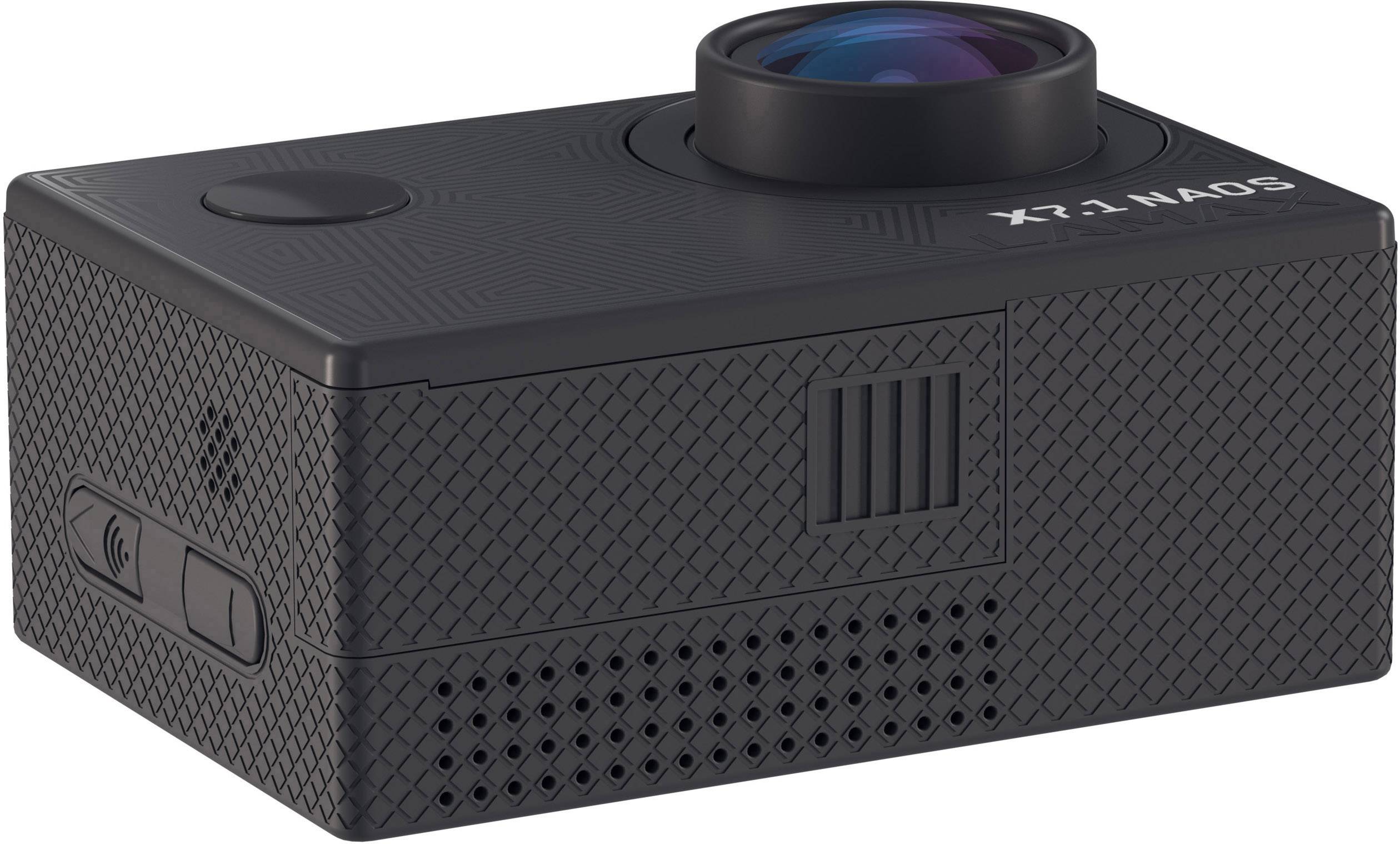 A compact black action camera with a fisheye-like lens on the top. The top and front sides are decorated with patterns.