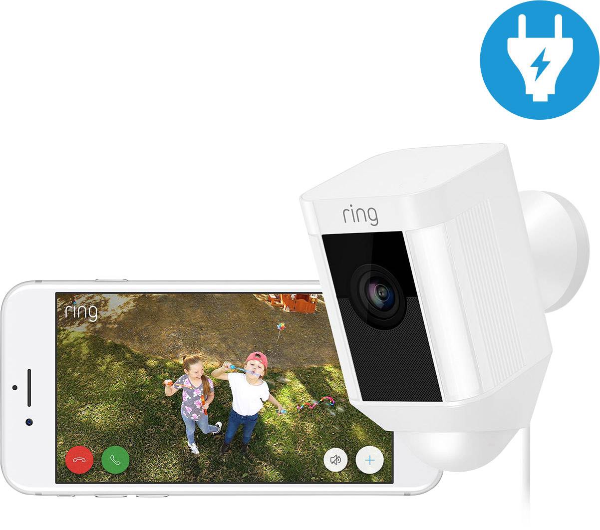 White surveillance camera with live video transmission on a smartphone. Two children in the garden are visible on the screen.