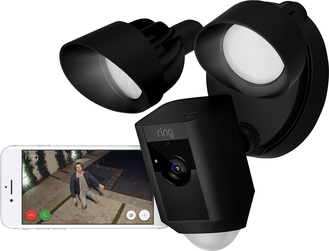 A security camera with floodlight displays live video on a mobile phone screen of a person standing in front of a front door.