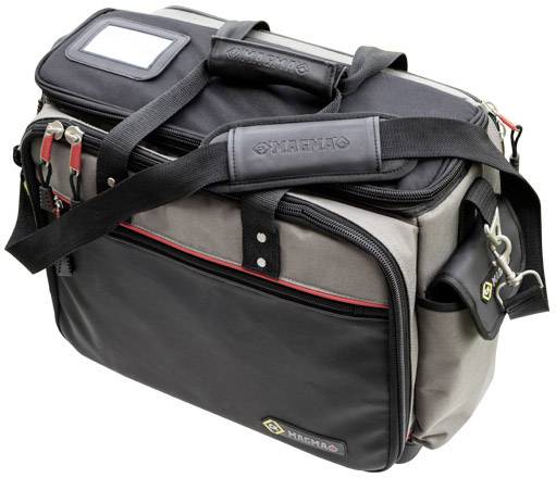 Black and grey messenger bag with multiple compartments and a shoulder strap, suitable for transporting camera equipment.