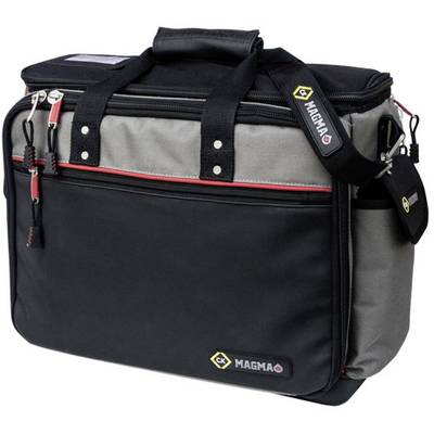A black and grey tool bag with multiple compartments and handles, 'MAGMA' label visible on the bag.