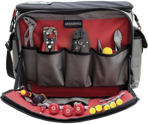 An open tool bag with red and grey interior pockets, filled with various hand tools, such as pliers and screwdrivers.