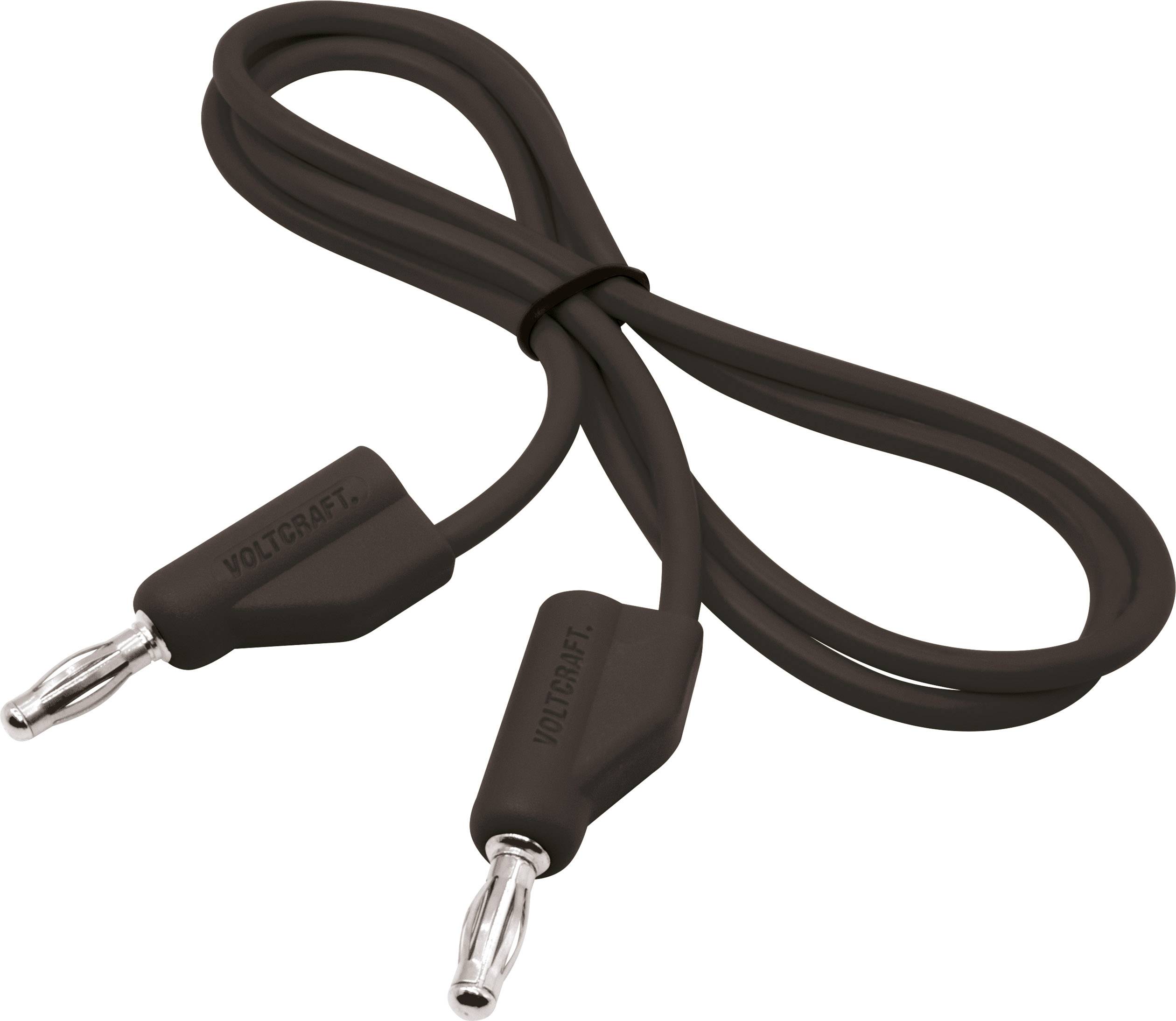A black cable with two banana plugs at the ends. Ideal for connecting electronic devices or measuring instruments.