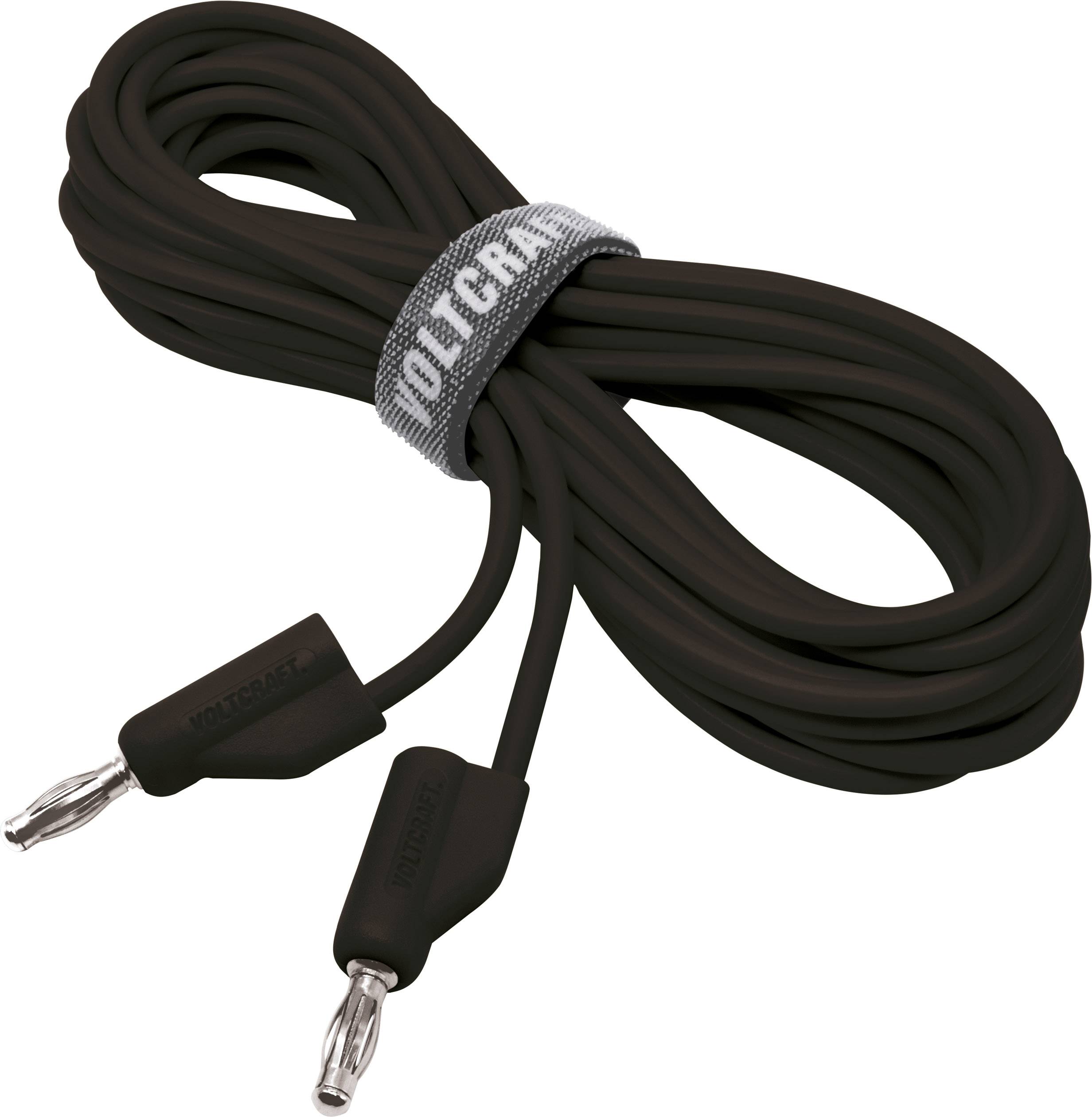 Black speaker cable with banana plugs and Velcro strap marked 'VOLCRAFT'.