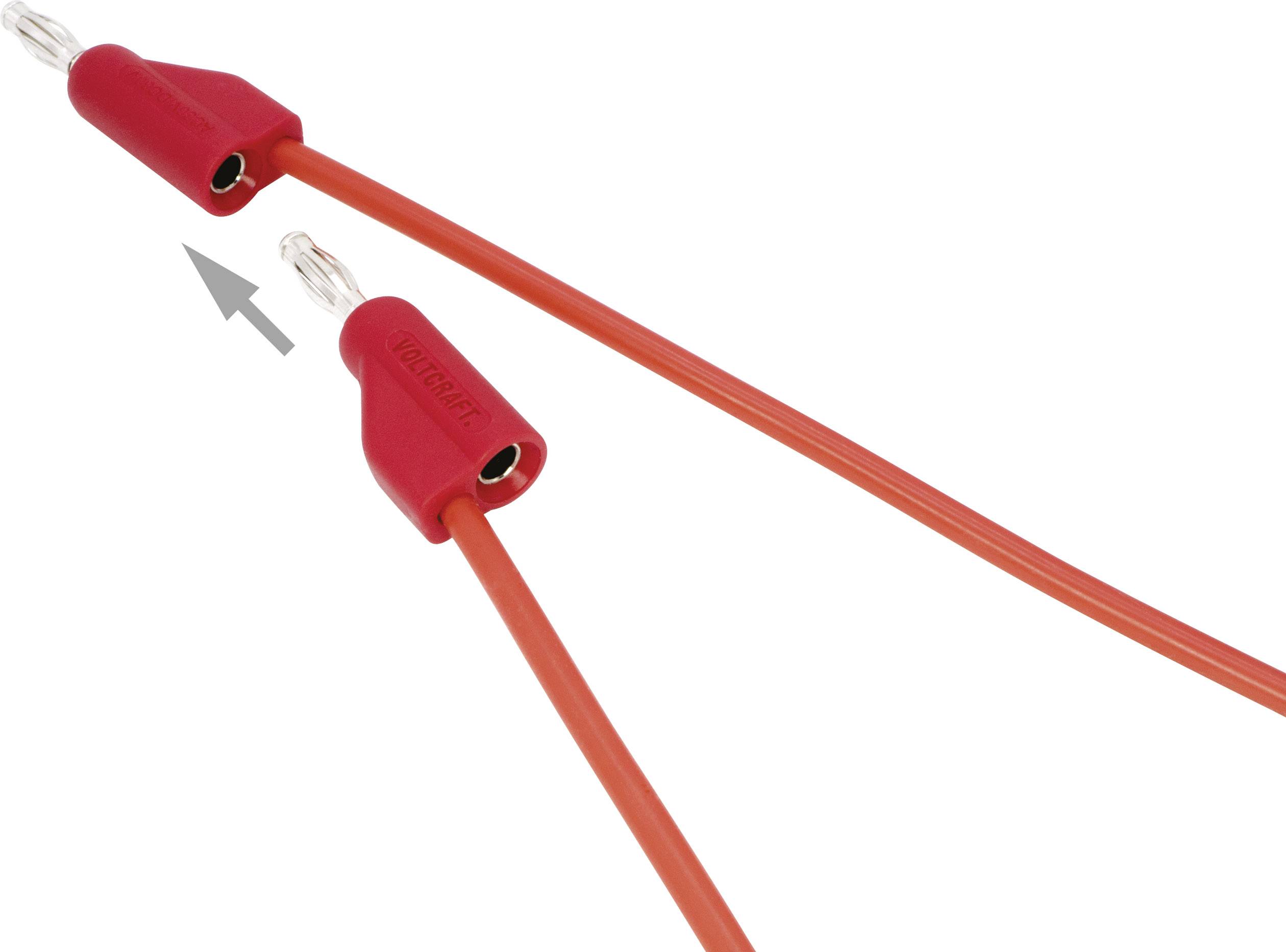 Two red cables with banana plugs; one pointing at the other. Indication of connection.