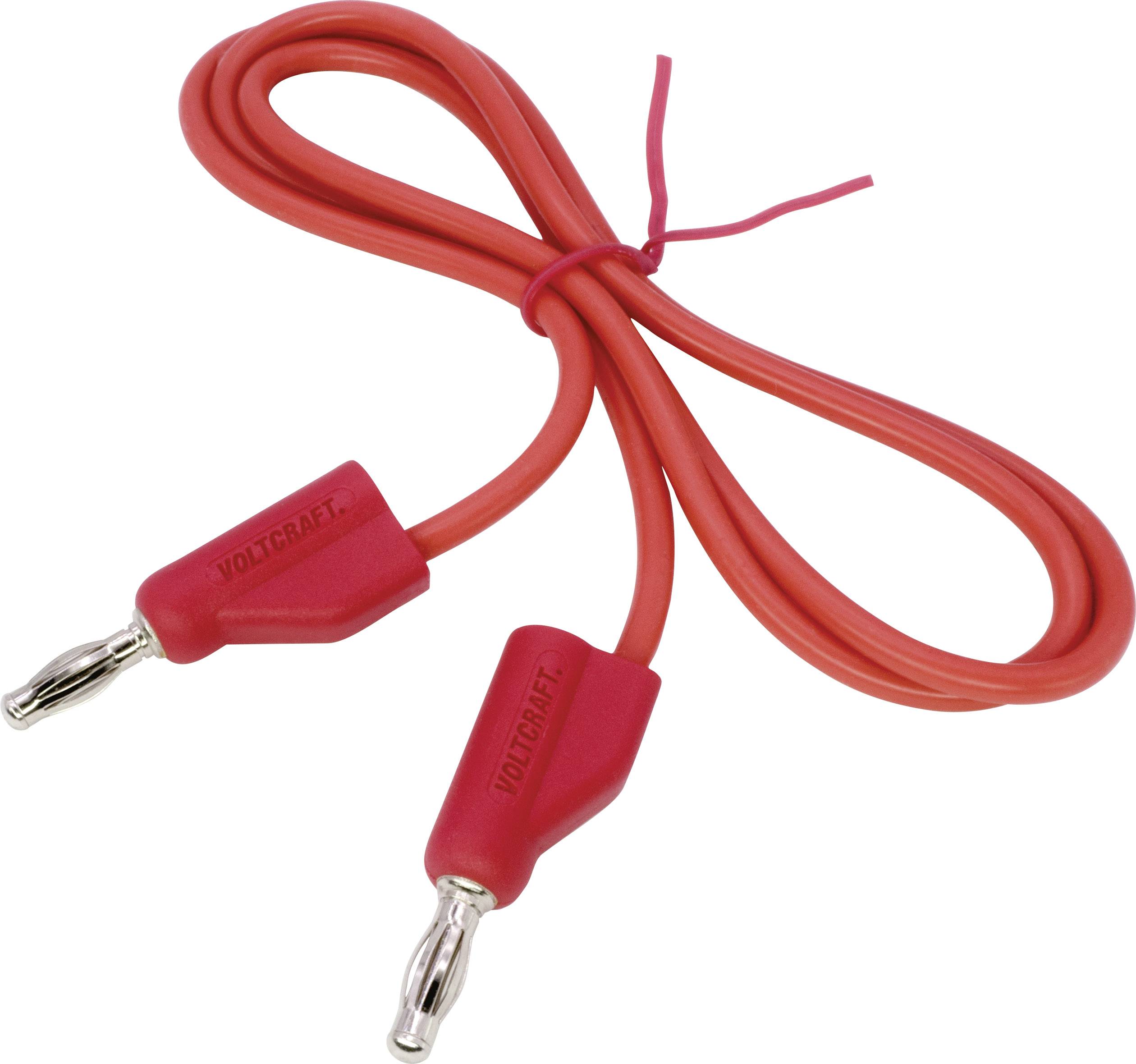Red crocodile clip cable with banana plugs at both ends, used for electrical connections or testing purposes.