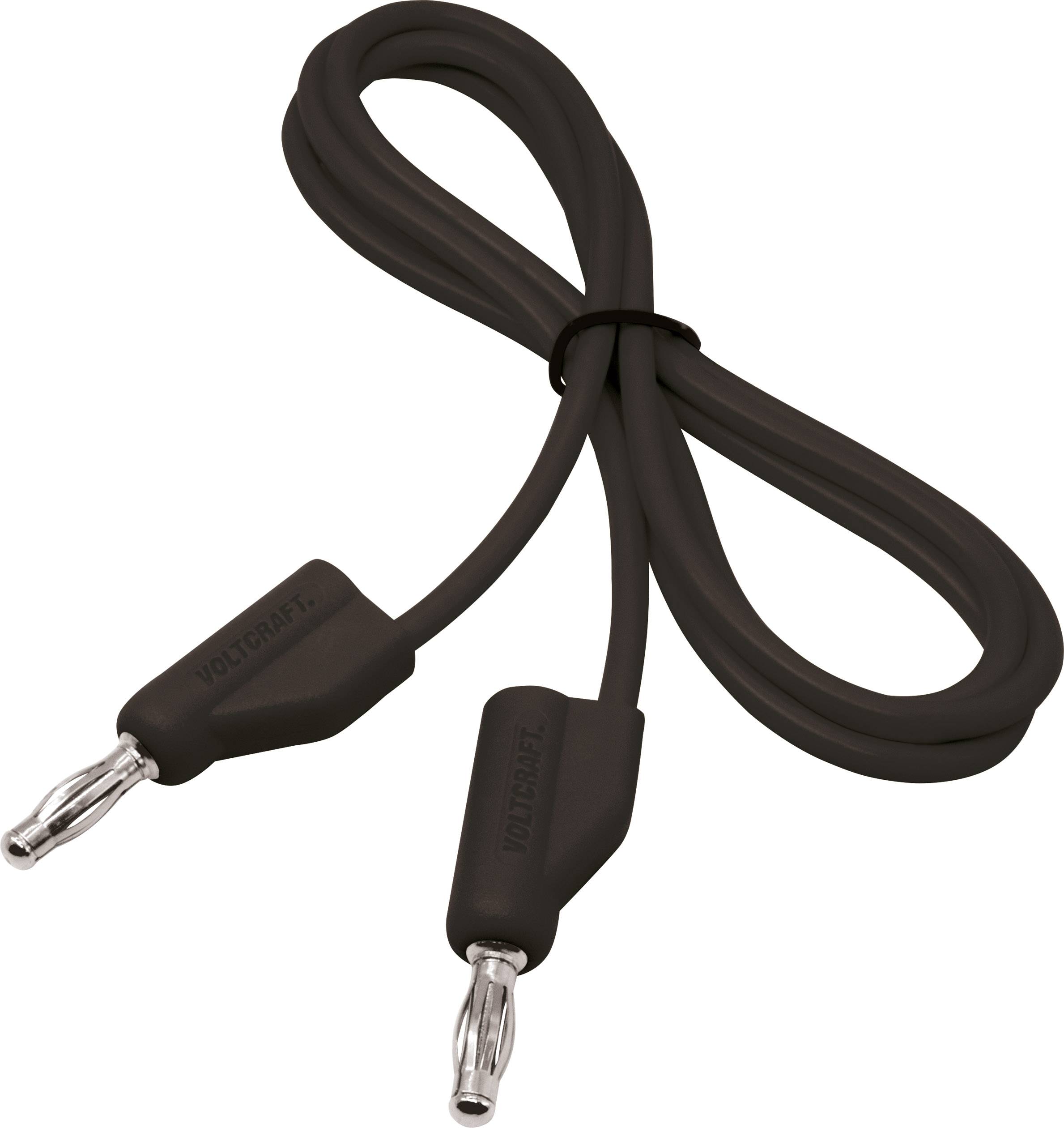 Black connecting cable with two plugs at the ends. Suitable for electrical connections in technical applications.