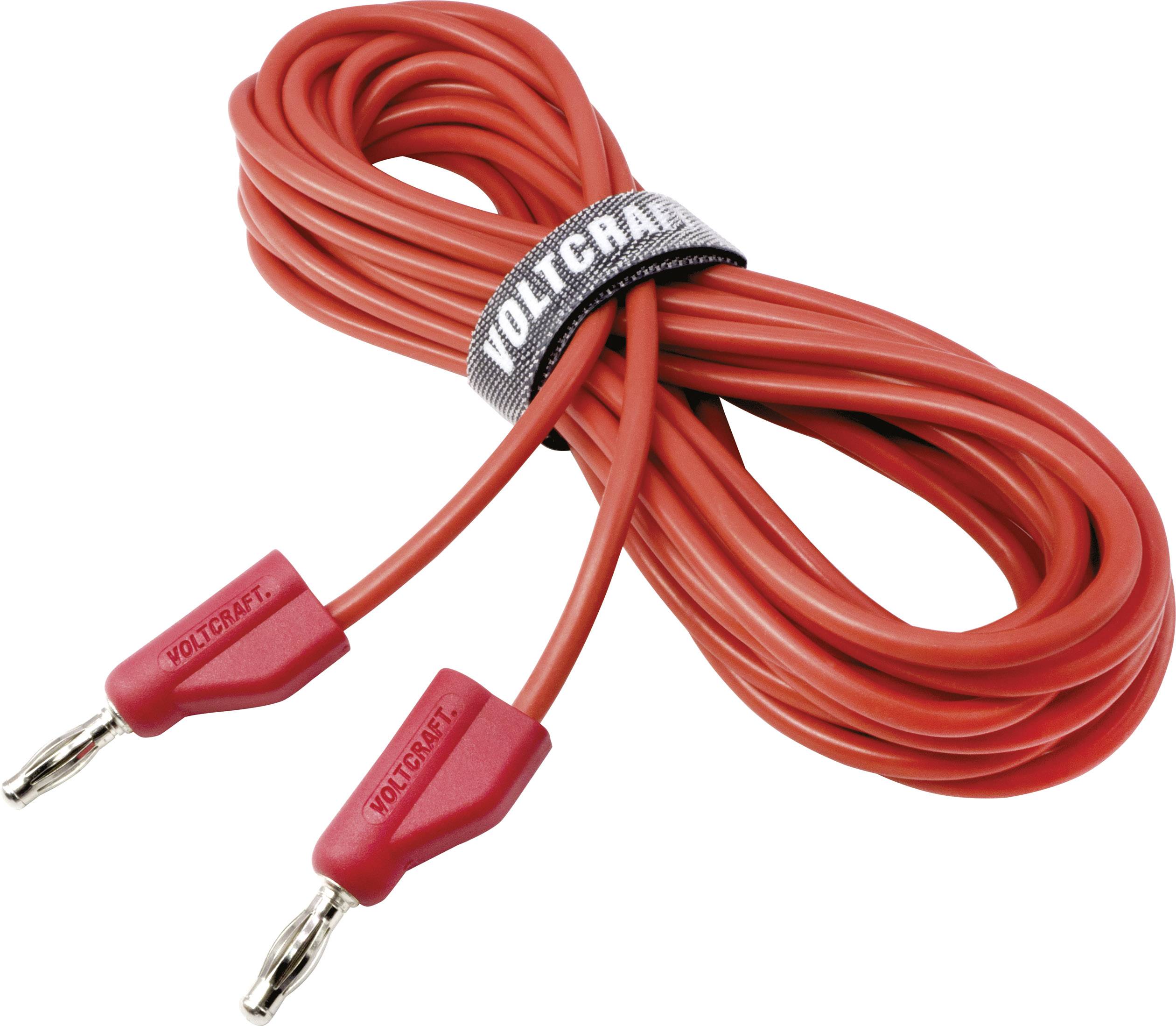 Red connecting cable with two metal clips at the ends, held together by a grey Velcro strap with the inscription 'Voltcraft'.