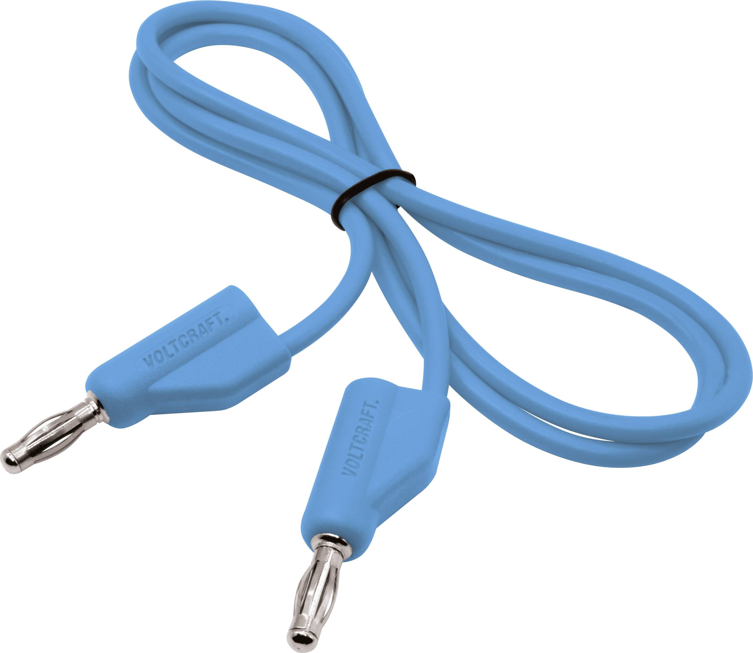 A blue connection cable with two metal plugs at the ends, labelled 'Voltcraft', is tied into a loop.