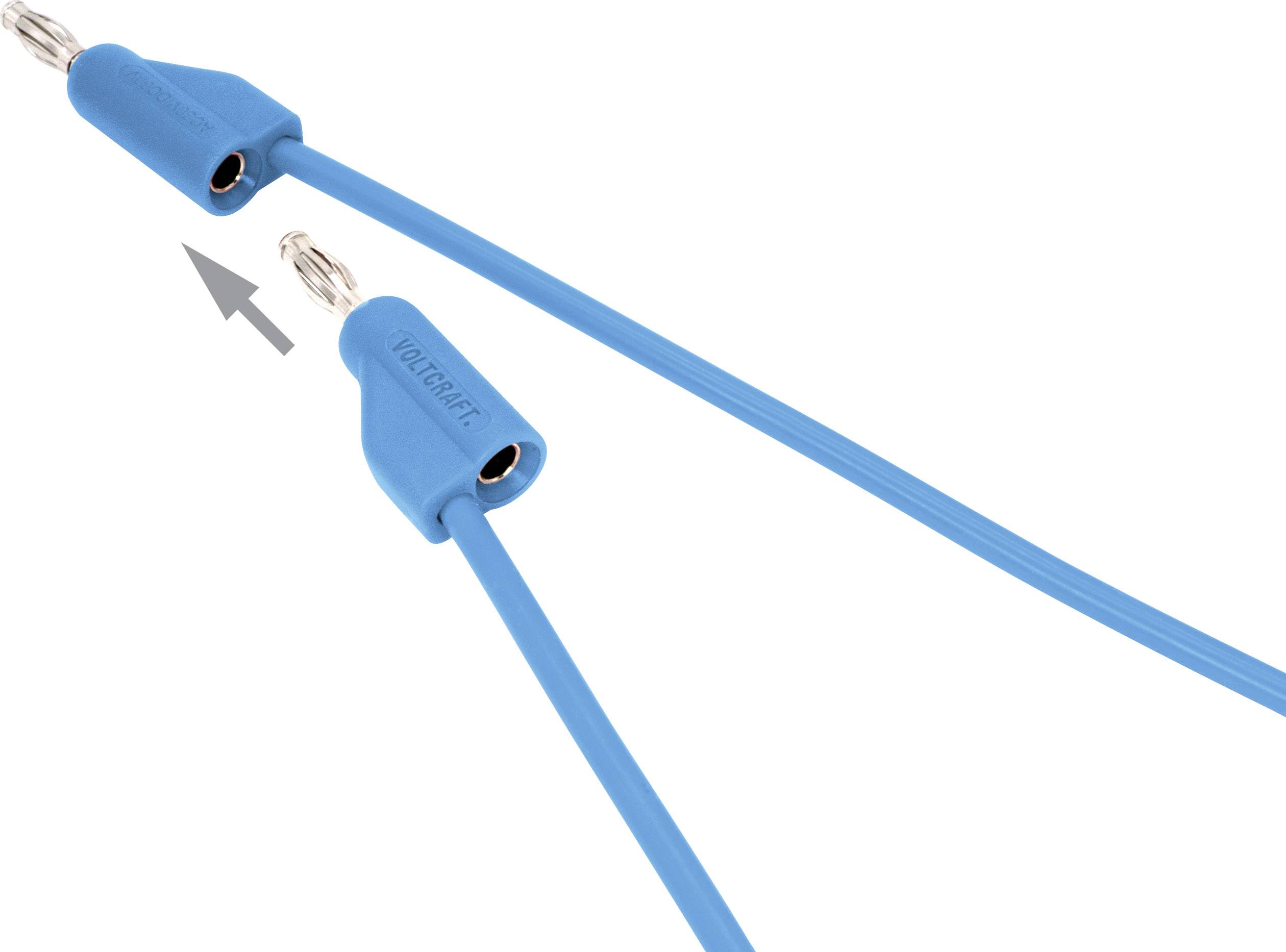 Two blue measuring leads with banana plugs. One points to the other with an arrow indicating the brass-coated tip.