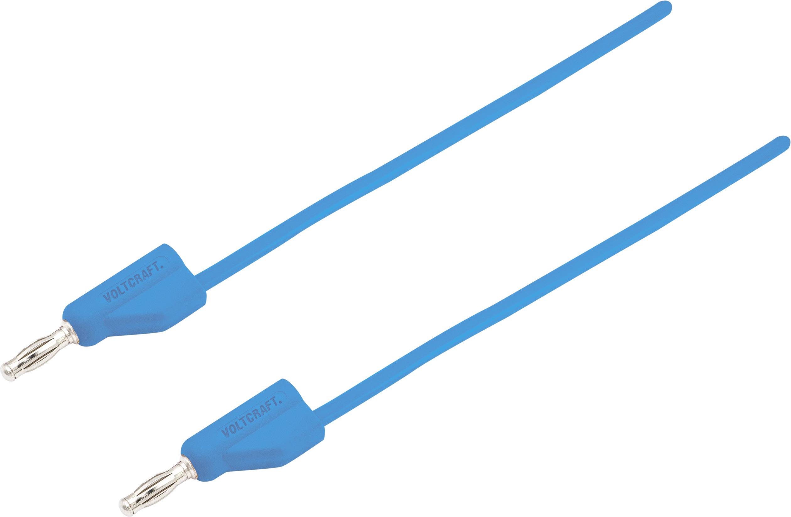 Two blue banana plugs with long cables lie parallel. The plugs are identical, manufactured from plastic and metal.