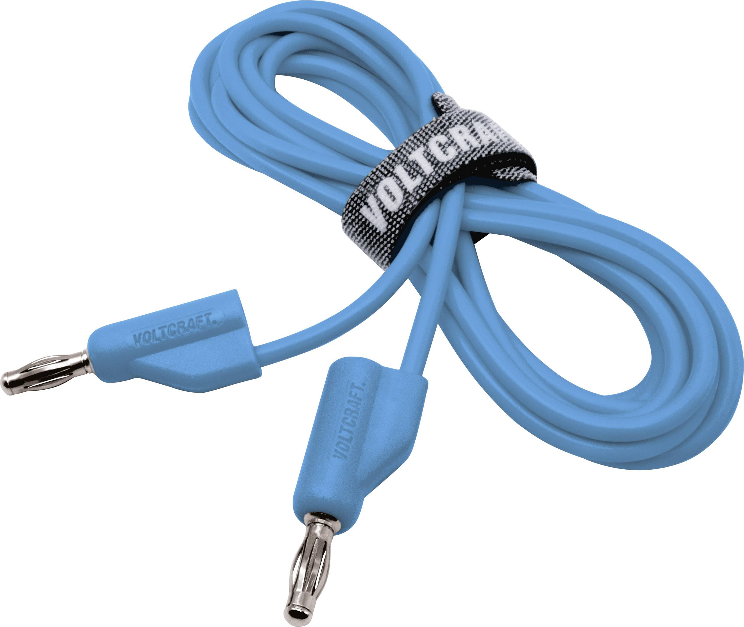 A blue Voltcraft connection cable with two banana plugs and a hook-and-loop fastener for organisation.