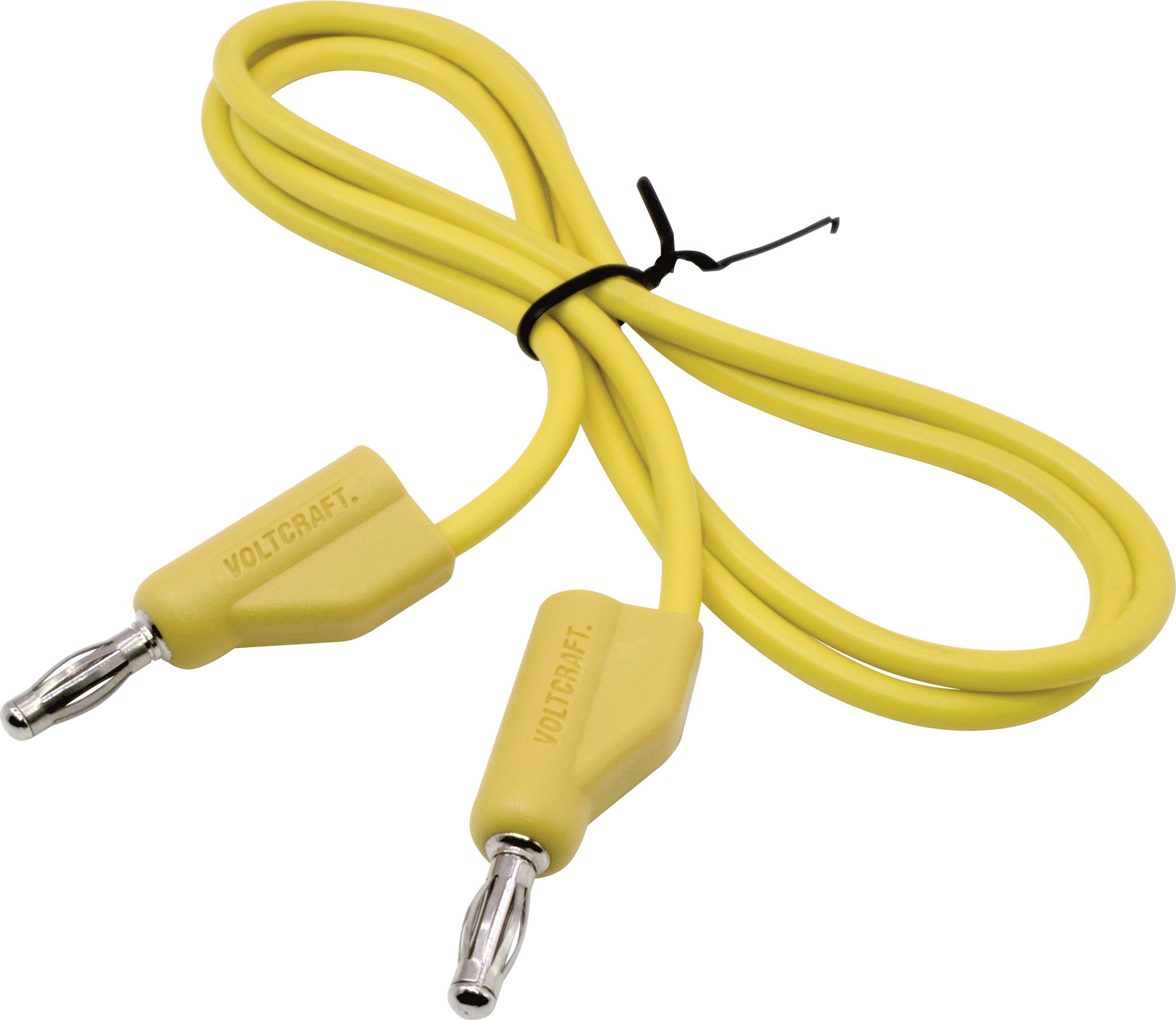 Yellow cable with two plugs at the ends, on which 'Voltcraft' is written.