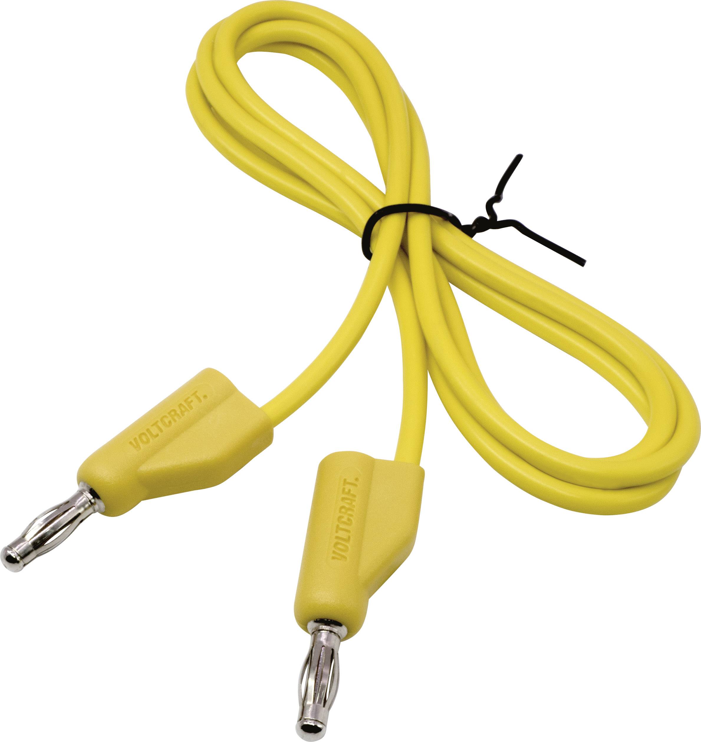 Yellow measuring cable with banana plugs at both ends, suitable for electrical measurements. Text on plugs: 'VOLTCRAFT'.