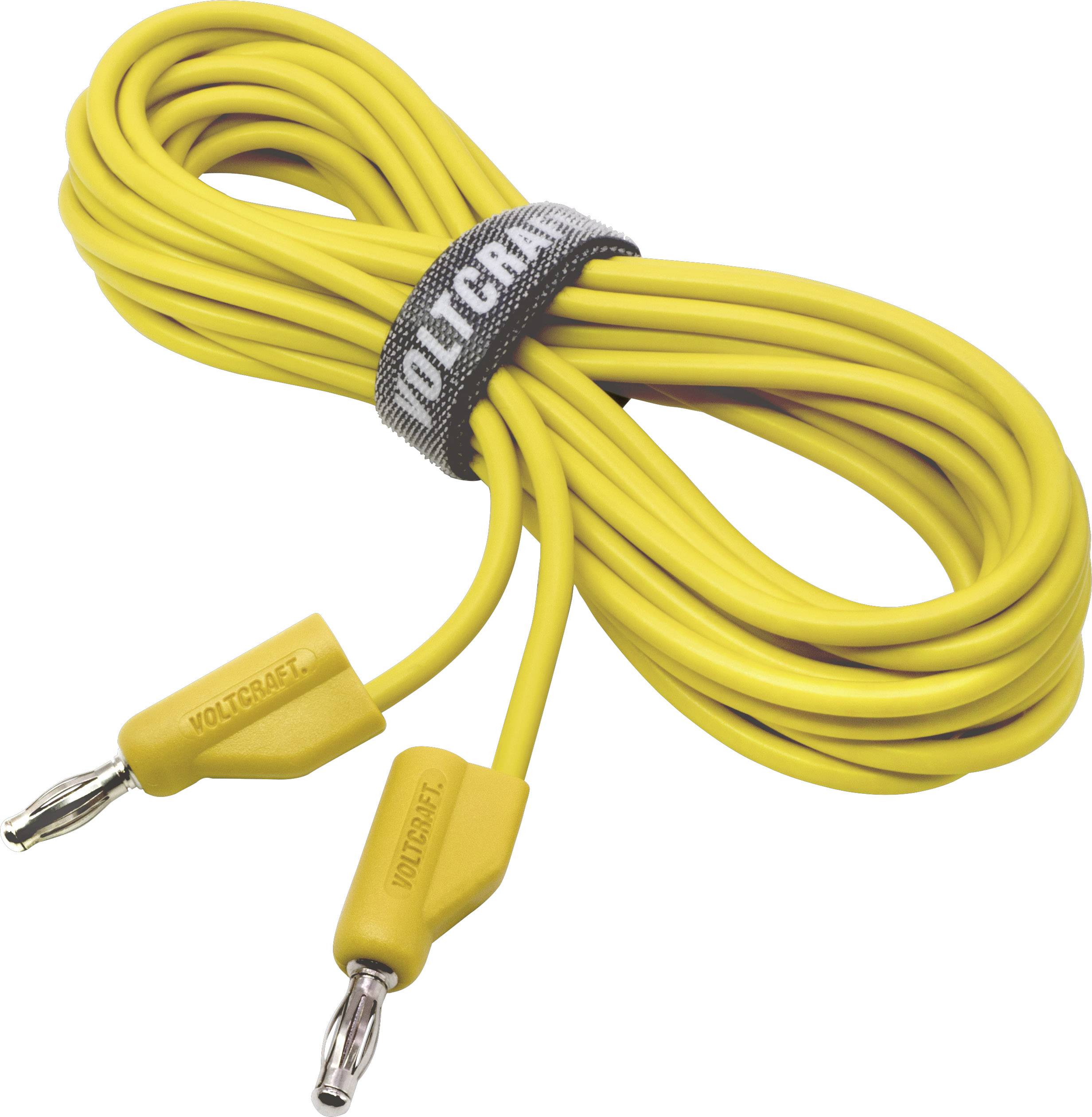 Yellow measuring cable with two insulated plugs and a hook-and-loop strap branded 'VOLCRAFT', rolled up.