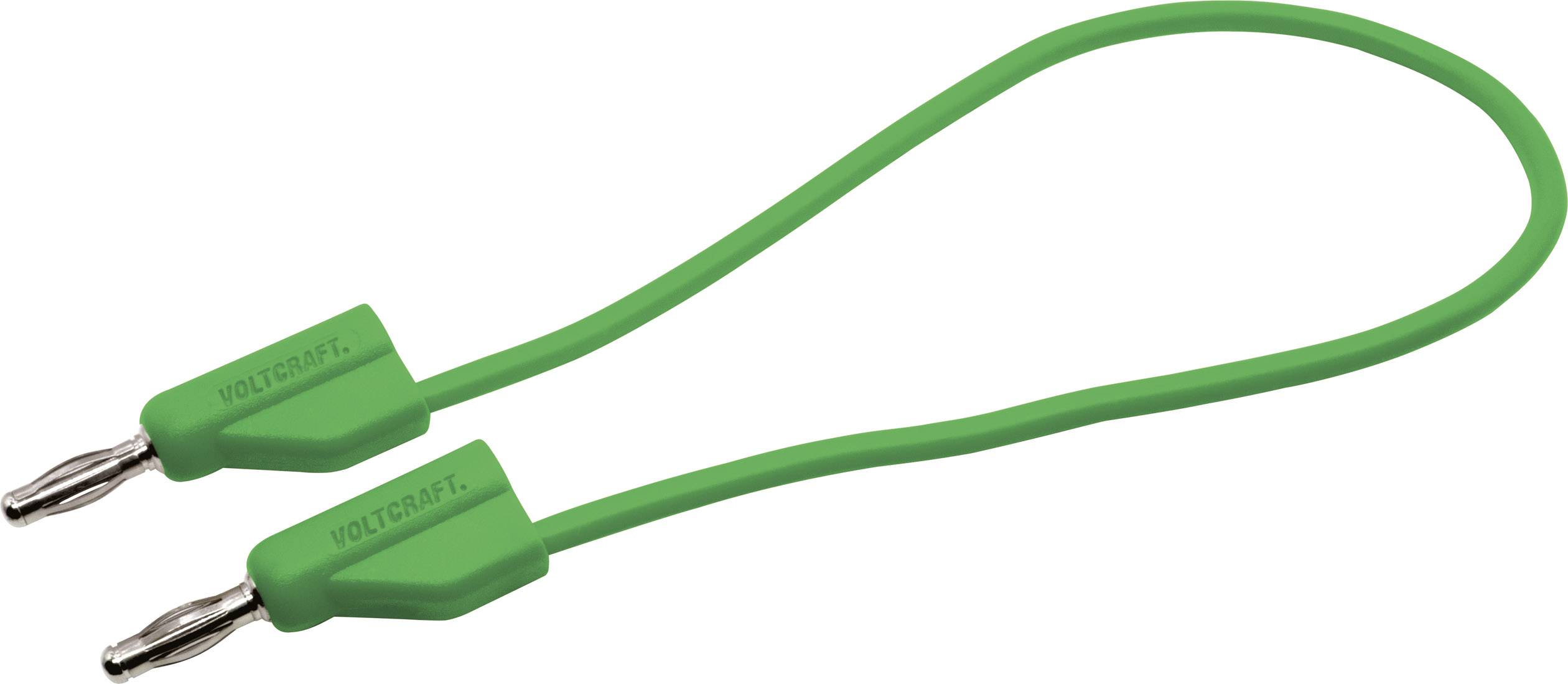 Green connecting cable with two banana plugs, suitable for electrical connections and measurements.