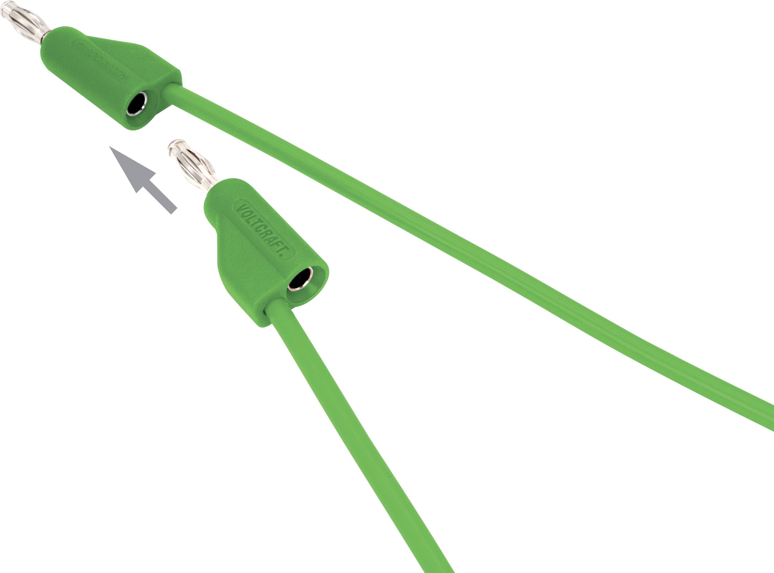 Green electrical cable with two angled connectors; arrow points to the connection area.